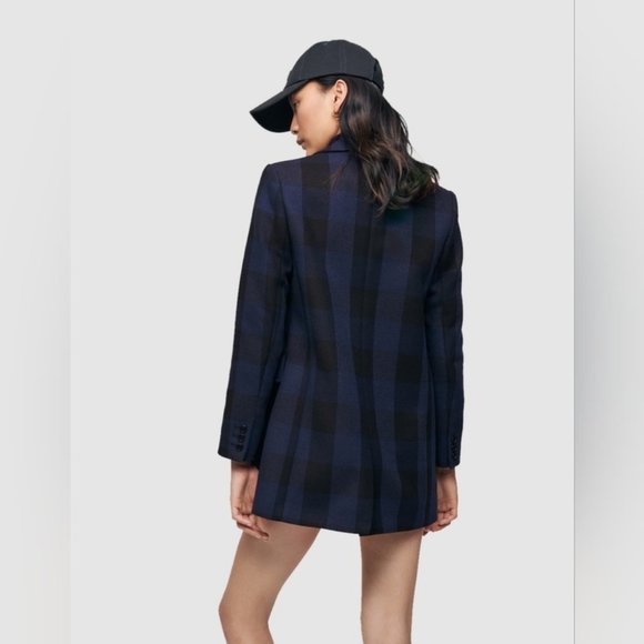 MAJE Goldan Coat Tailored Plaid Oversized Double Breasted Blazer Blue Black Wool - Picture 10 of 16